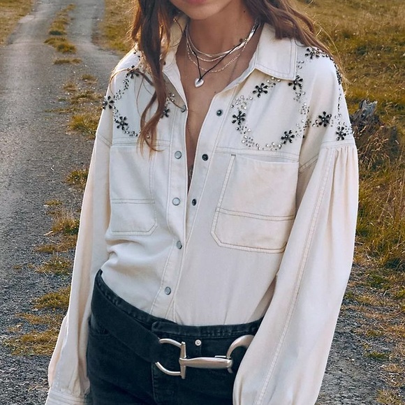 We the Free womens Star Studded Shirt cream embellished western button up L - Picture 13 of 15